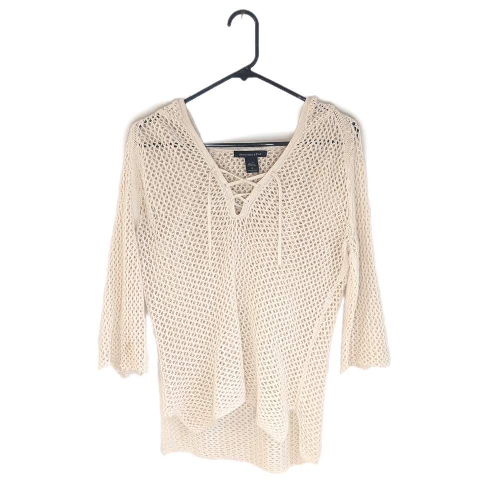 Abercrombie & Fitch Cream Loose Knit Beachy Boho Swim Cover Up Hoodie